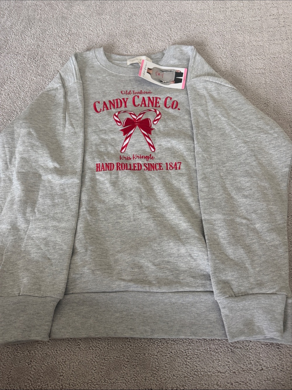 State of Mind Light Gray Crewneck Sweatshirt with Red Candy Cane Graphic